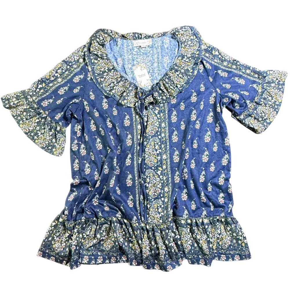 Weekend Suzanne Betro XL Navy Floral V Neck Ruffle Tunic Top Cottagecore